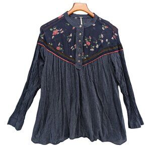 Free People Hearts and Colors Top Womens Navy Striped Long Sleeve Pockets Size M